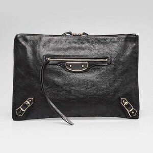 Balenciaga Black Grained Chevre Leather Metallic Edge Flat Clutch Bag